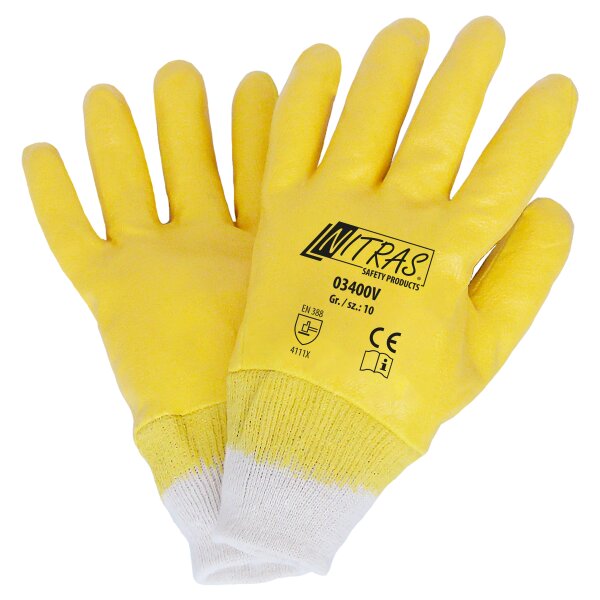 Nitril vollbeschichteter Baumwollhandschuh Gelb/Natur Gr. 10